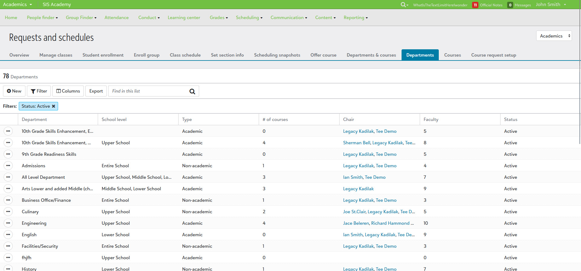 Updated Departments section in Blackbaud Education management.